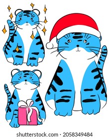 Vector illustration of a blue tiger, a symbol of 2022, in the New Year style