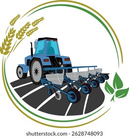 Vector illustration, blue tractor planting seeds. Agricultural machinery during sowing. Concept of modern farm technology. tractor with seeder on the field