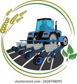 Vector illustration, blue tractor planting seeds. Agricultural machinery during sowing. Concept of modern farm technology. tractor with seeder on the field