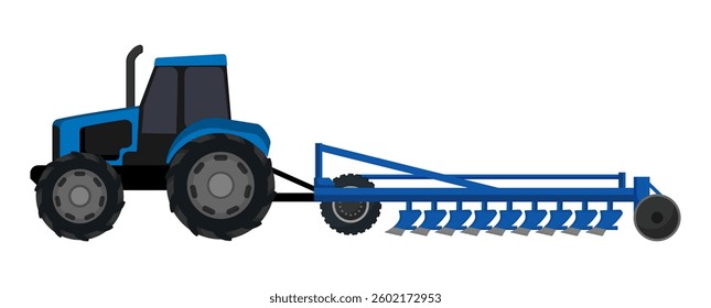 Vector illustration of a blue tractor with a plow attachment on a white background.