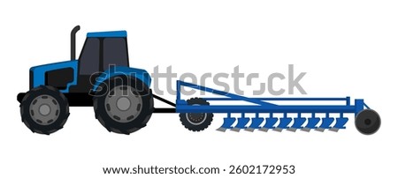 Vector illustration of a blue tractor with a plow attachment on a white background.