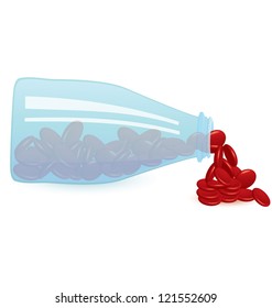 Vector illustration of blue transparent bottle with red pills isolated on white