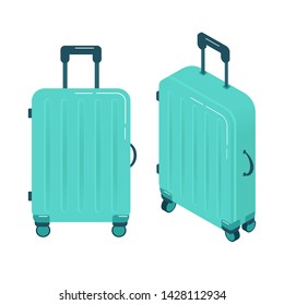 Vector illustration of a blue travel suitcase in front and side view. Travel vacations design picture, vector illustration of a bag, luggage,case, bag, briefcase on a white background. 