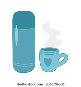 Vector illustration blue travel thermos with cut mug on white isolated background.
