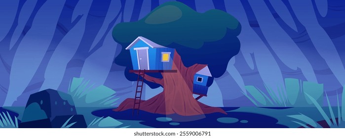 Vector illustration of blue treehouses with a door, windows and stairs on the background of a swamp and a night forest for the design of the game level
