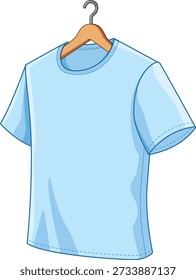 Ilustración vectorial de una camiseta azul colgando de una percha que se muestra desde una vista lateral. Diseño plano limpio aislado en el fondo blanco, perfecto para el diseño de la ropa, el catálogo de moda, la presentación de la ropa, y el uso de la comercialización al por menor
