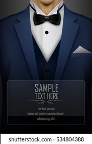 Vector illustration of Blue tuxedo with black bow tie