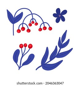 Vector illustration with blue twigs of leaves and red berries in a flat style on a white background. Christmas twigs for postcards, gifts, holidays, T-shirts.