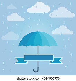 Vector illustration in blue. Umbrella covers empty ribbon for your text.