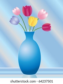 vector illustration of a blue vase  filled with colorful tulip flowers in eps10 format