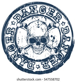 Vector illustration blue vintage round stamp with lettering danger and abstract grunge skull with crossed bones