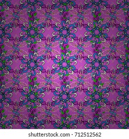 Vector illustration of blue, violet, black and pink flowers. Seamless pattern with flowers on motley background.