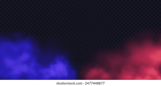Vector illustration with blue vs red smoke isolated on transparent background. Battle symbol. Bright colorful steam, haze, fog