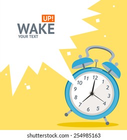 Vector illustration blue wakeup clock card, place for your text. Flat Design