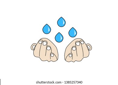 Vector illustration of a blue water drop over his hands. Symbol of ecology and purity