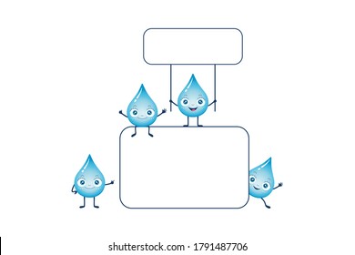 Vector illustration of blue water drop characters holding up a sign board, sitting on the board  and standing behind the board. Save the water theme. Save the planet theme. Good for poster, card, etc.