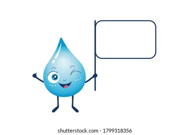 Vektorgrafik eines blauen Wassertropfzeichens, das eine Fahne hochhält. Speichern Sie das Wasserkonzept. Design für Banner, Karten und andere. Kopieren Sie Platz für Ihren Text oder Slogan.