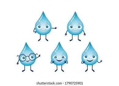 Vector illustration of blue water drops. Smiling drop cartoon characters. Smart drop in glasses, signing to the side, looking up. Cute and kawaii.