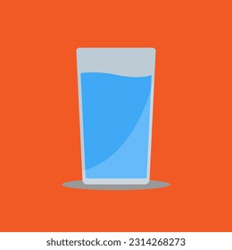 Vector illustration blue water glass on the orange background flat design with shadow, liquid pure drinking water for health after food or workout, editable object shape copy space for individual text
