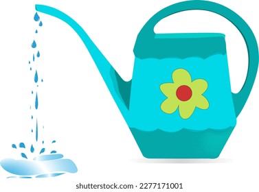 Ilustración vectorial de la olla de agua azul. Envase de agua colorida. Jardín de los Hechizos rociado en la olla de rociadores de riego. Agua con gotas de agua. Símbolo de riego. jardinería y señalización botánica