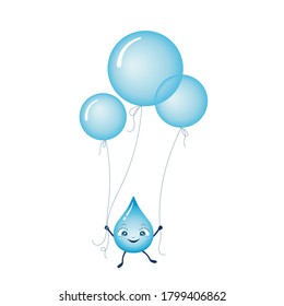 Ilustración vectorial de agua azul y caída de lluvia volando con globos de burbuja azul con cuerdas. Composición de niños para tarjetas, fondos, impresiones de tela, etc. Personajes alegres y divertidos de dibujos animados.