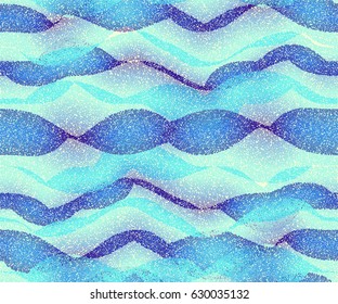 Vector illustration of blue water waves background consist of dots, particles. Abstract dotted curved line seamless pattern with halftone effect