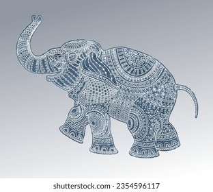 Vector illustration of blue watercolor painted elephant silhouette with white ethnic tribal ornaments on a grey background 