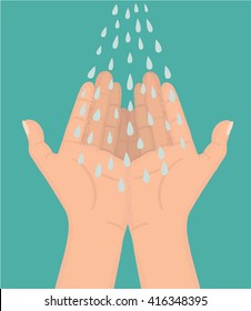 Vector illustration of blue water-drops drip onto an open hands,