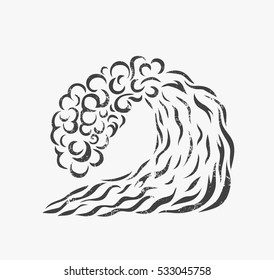 Vector illustration of blue wave. Logo design. Surfing Silhouette Sea.
