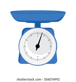 Vector illustration blue weight scale on white background. Weighing scales with pan and dial  for weight measurement. Kitchen appliances or measuring tool