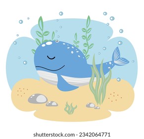 Vector illustration of a blue whale at the bottom of the ocean EPS10
