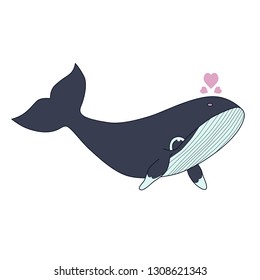 Vector illustration of Blue whale with hearts isolated on white background
