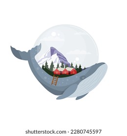 Ilustración vectorial de ballena azul y bosque noruego. Casa en la parte trasera de una ballena. Casa de ballenas. Carácter vector. Globo de nieve