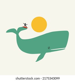 Vector illustration with blue whale as ocean with wave and surfboarder silhouette riding on surfboard with sun on background. Trendy funny apparel print design, home decoration poster template