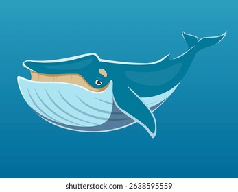 Vector illustration of the Blue whale on blue background. Side view.