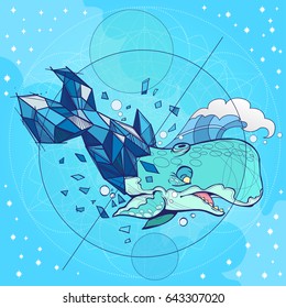 Vector illustration of blue whale on blue background