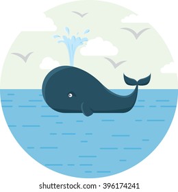 Vector illustration of Blue whale with sea round