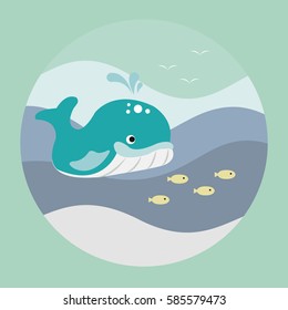 Vector illustration of Blue whale with sea.