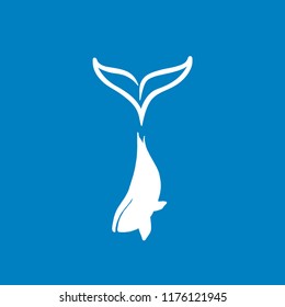 Vector illustration of blue whale silhouette with big tail logotype. Whale logo