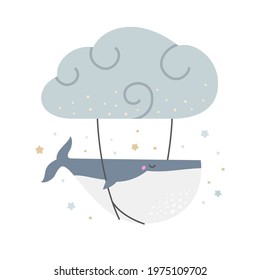 Vector illustration of blue whale sleeping and floating in starry sky under cloud at night