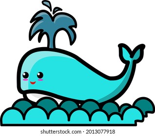 Vector illustration of a blue whale spitting water, suitable for children's book illustrations, children's clothes designs, logos etc