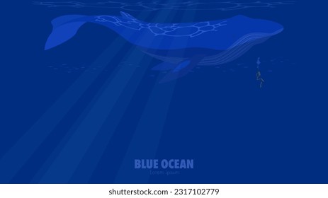 Vector illustration of a blue whale swimming underwater with a diver. Blue sea banner background with copy space.