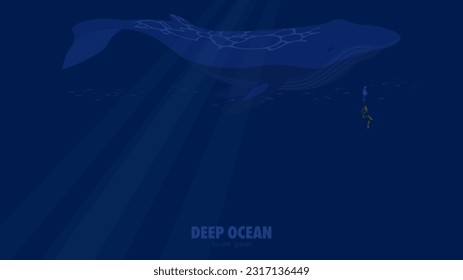 Vector illustration of a blue whale swimming underwater with a diver. Deep sea banner background with copy space.