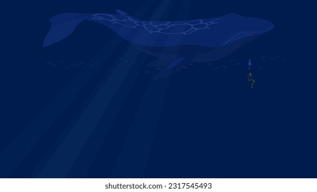 Vector illustration of a blue whale swimming underwater with a diver. Deep sea banner background with copy space.