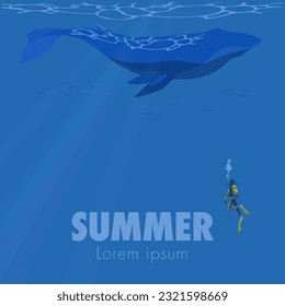 Vector illustration of a blue whale swimming underwater with a diver. Summer square banner frames.