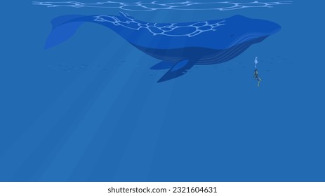 Vector illustration of a blue whale swimming underwater with a diver. Blue sea banner background with copy space.