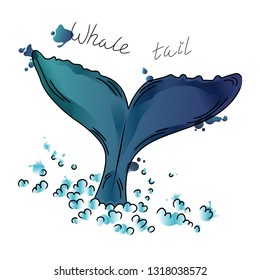 Vector illustration of blue whale tail and sea foam. Sketch. Watercolor. Isolated on white background.