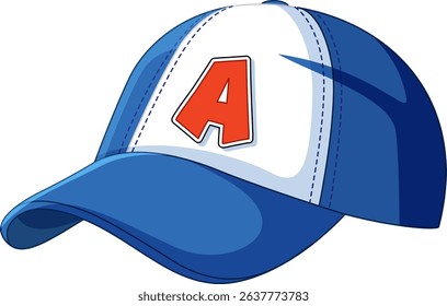 Vector illustration of a blue and white baseball cap with a bold red letter A. Clean lines and vibrant colors