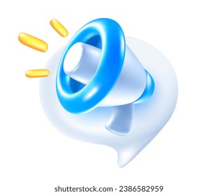 Ilustración vectorial del megáfono de color azul y blanco con burbuja de voz sobre fondo blanco. Diseño de estilo 3d de megáfono. Símbolo de marketing para web, sitio, banner, afiche, medios sociales