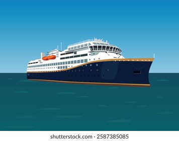 vector illustration of a blue white cruise ship floating at sea, Cruise ship on the ocean, blue Cruise Ship vector illustration eps 10, blue sky, cruise ship travel vector drawing, blue green ocean